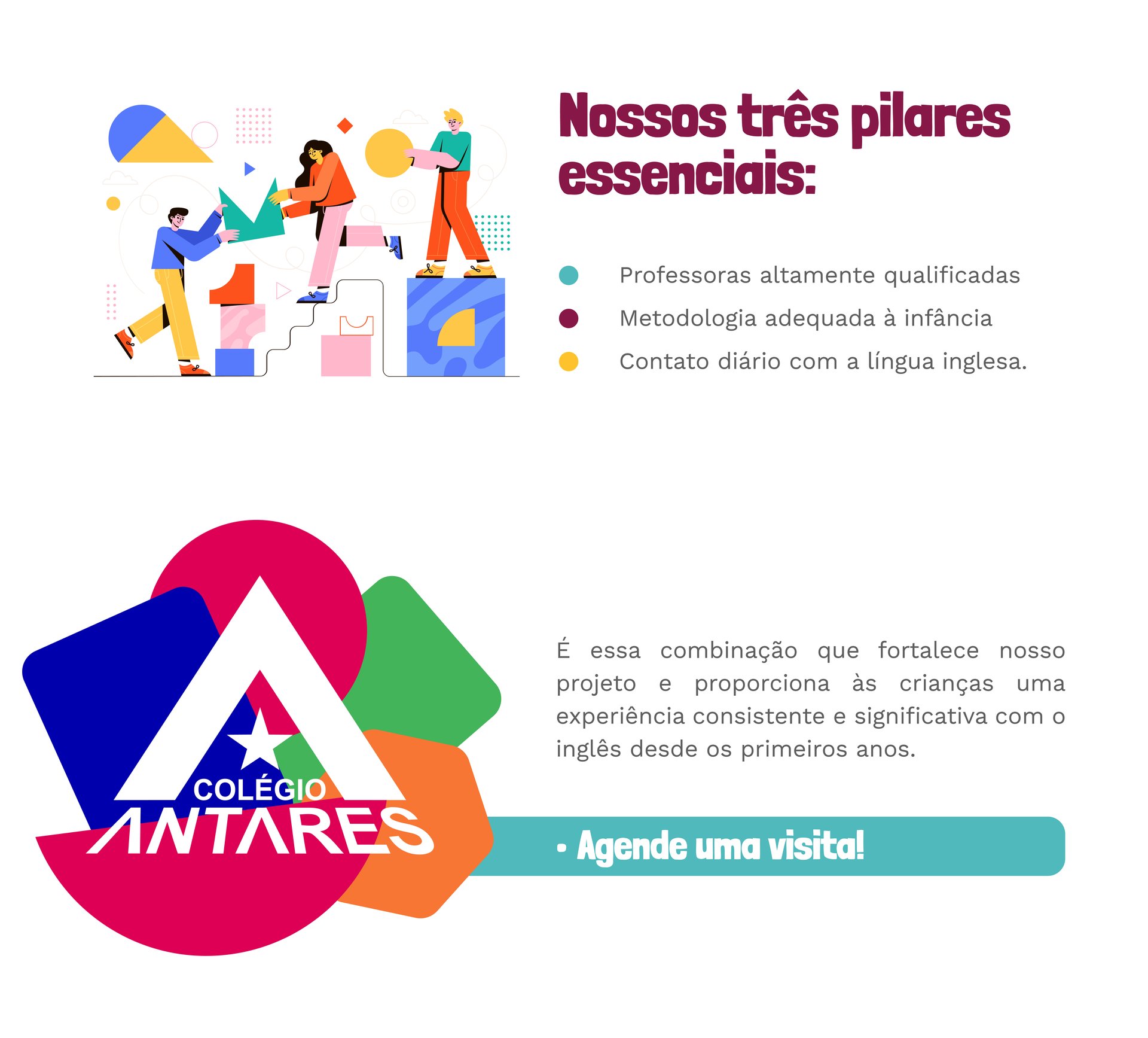 Nossos três pilares essenciais: professoras altamente qualificadas, metodologia adequada à infância e contato diário com a língua inglesa